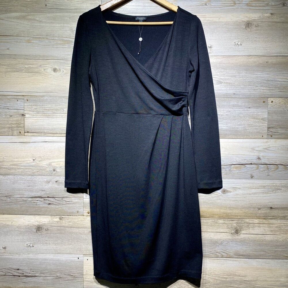 Talbots Stretch Wool Knit Long Sleeve Knee Length Dress Black Size S Faux Wrap